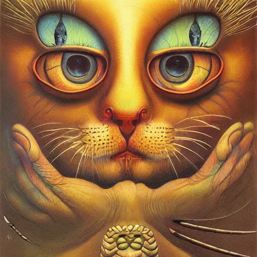 Image similar to a cat having an ego trip, by alex grey, by Esao Andrews and Karol Bak and Zdzislaw Beksinski and Zdzisław Beksiński, trending on ArtStation