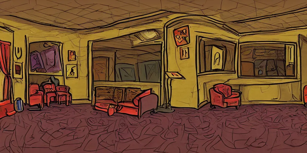 Image similar to a dimly lit, theater dressing room, with a mirror, a chair, a couch, day of the tentacle style, drawn by Peter Chan, 5 point perspective