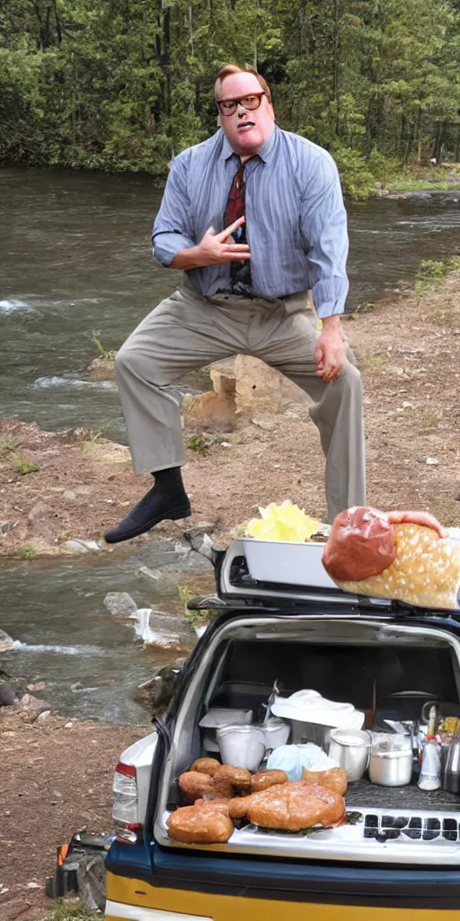 Image similar to matt foley living in a van down by the river cooking some hamburgers in the style of vemeer