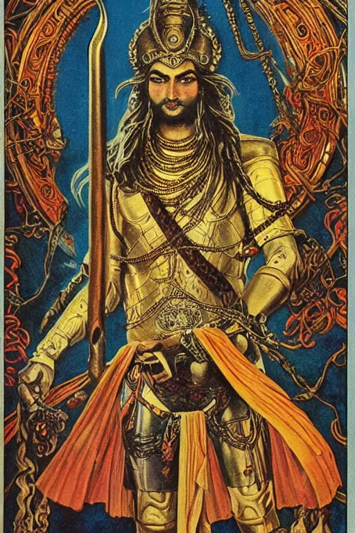 Prompt: Portrait of an shiva with long hair wearing armor with ornate bronze and gold, Art Noveau retro science fiction cover by William Morris and Kelly Freas (1965), vintage 1960 print, tarot card, vivid, highly detailed, cgsociety, artgerm