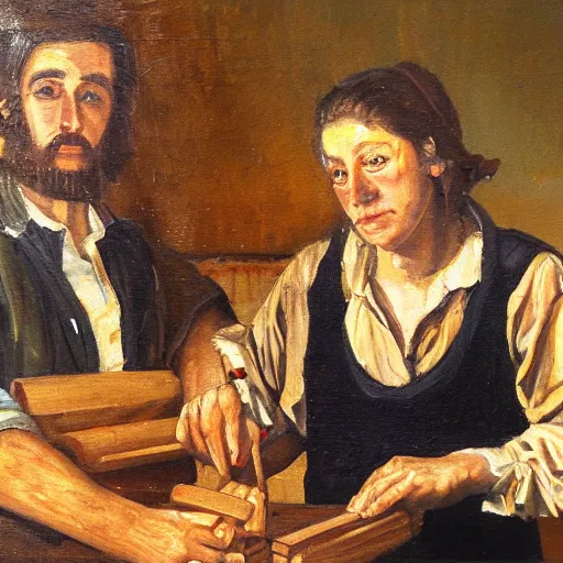 Image similar to an oil painting of two woodworkers