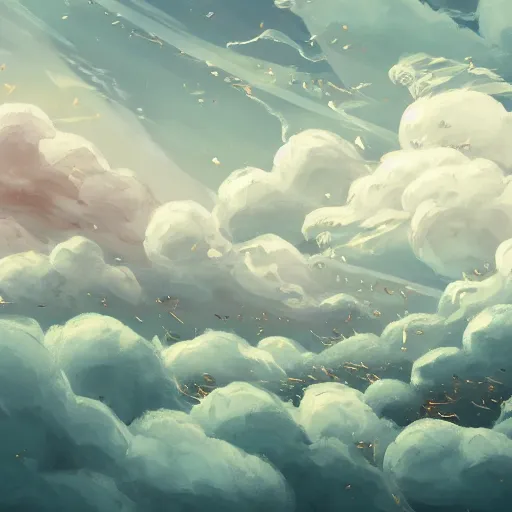 Image similar to background art of spaciously scattered longswords flowing and floating through the blowing swirling directional wind from left to right on a simple cloudy sky background, big puffy clouds, large individual rose petals, angular background elements, large polygonal fragments, anime, studio ghibli, artgerm, manga, trending on artstation, art nouveau, mature color scheme