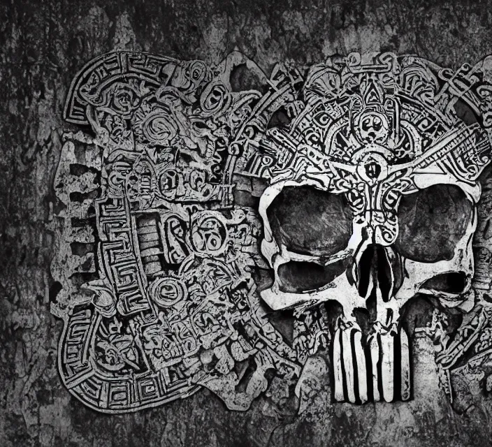 Image similar to mayan temple in form of punisher skull. background jungle