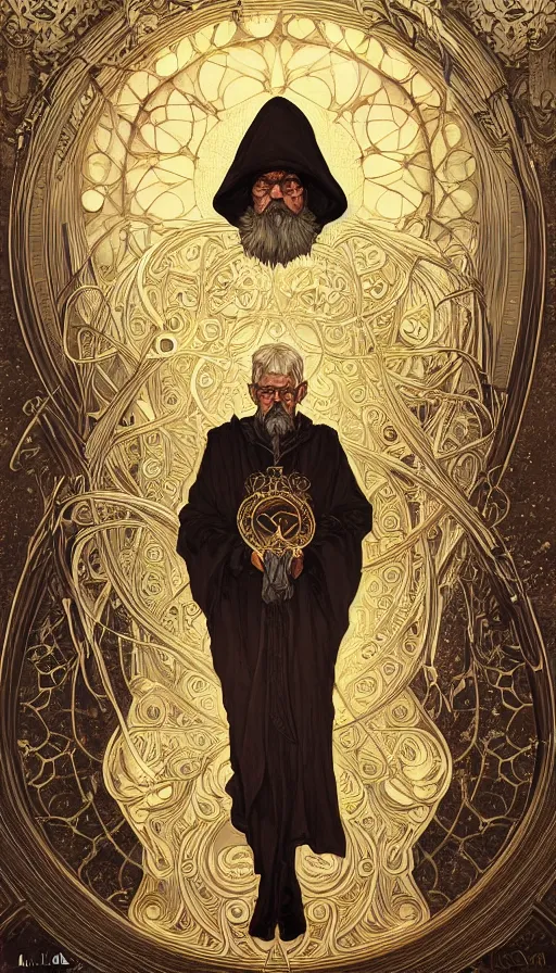 Prompt: an old man with a light, a black cloak and a white beard, highly detailed, very intricate, art nouveau, gold filigree, left right symmetry, tarot concept art watercolor illustration by mandy jurgens and alphonse mucha and alena aenami, featured on artstation