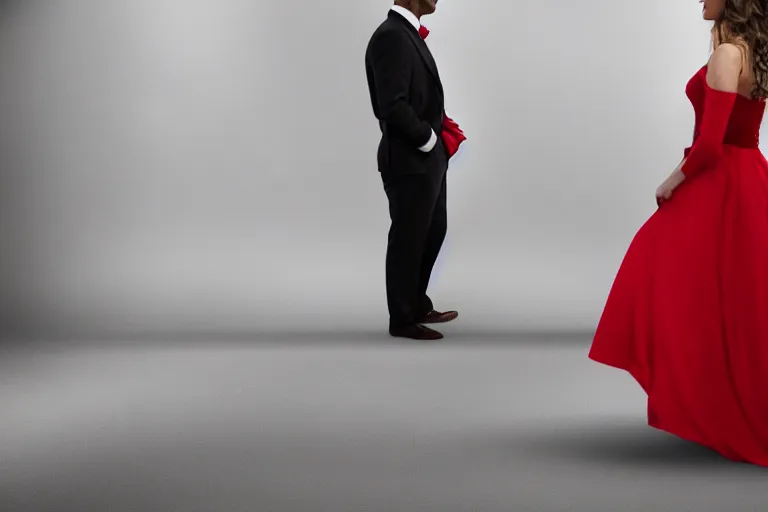 Image similar to full body film still of a man longingly looking at a woman wearing a red dress in the foreground as his wife looks disgustedly at the man in the new romance comedy movie, dramatic angle, dramatic lighting