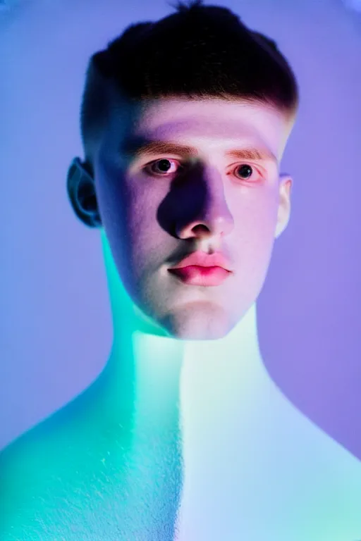 Image similar to high quality pastel coloured film mid angle portrait photograph of a beautiful young 2 0 year old male, soft features, short hair, perspex mask and oversized inflated clothing!!!! icelandic black! rock pool environment. atmospheric three point light. photographic. art directed. ( pastel colours ). volumetric. clearcoat. waves. 8 k. filmic.