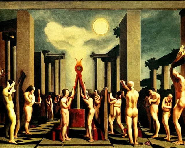 Image similar to a pagan ritual to summon the partying god by de chirico, giorgio