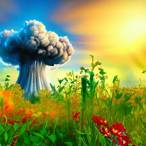 Image similar to a nuclear explosion with flowers, hyper detailed, depth of field, backlight, Super HD.