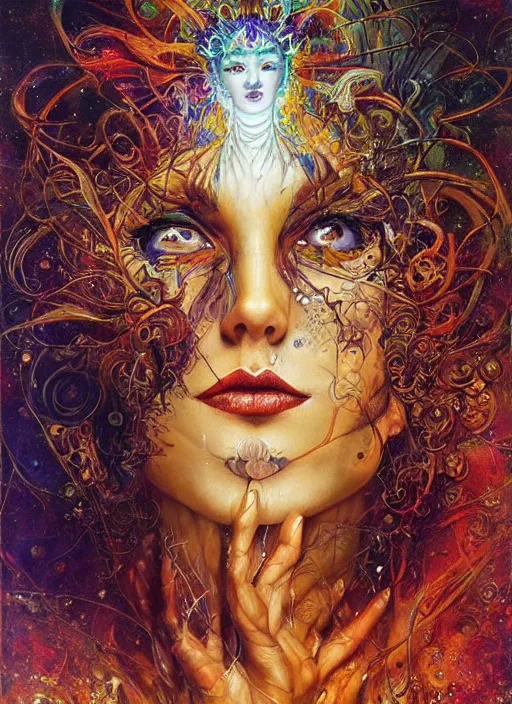 Image similar to magic enlightened cult psychic enchanted woman, painted face, third eye, energetic consciousness psychedelic scene, epic surrealism expressionism symbolism, perfect, by karol bak, louise dalh - wolfe, masterpiece