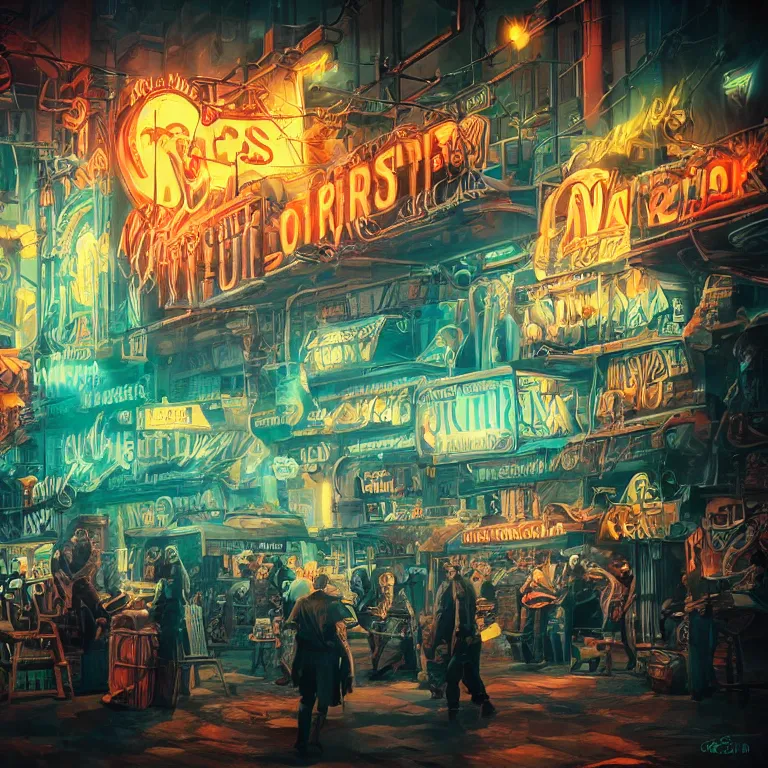 Image similar to fantastic lighting, high detail, dieselpunk market, neon lights, 2 d