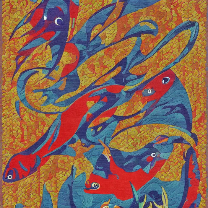 Prompt: different exotic fish. intricate textile carpet by olexandr archipenko