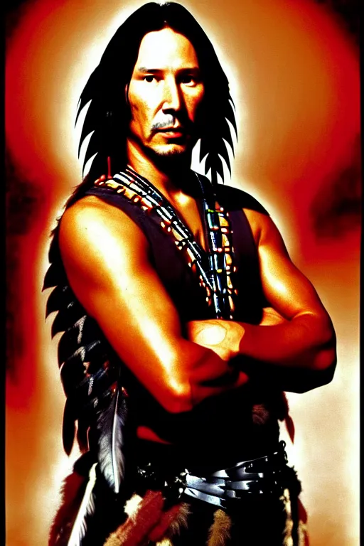 Image similar to Photo of Native American indian man Keanu Reeves, portrait, skilled warrior of the Apache, ancient, realistic, detailed, Keanu Reeves