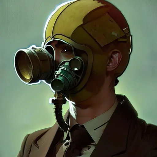 Image similar to portrait of a vicotrian man in suit wearing a gas mask by darek zabrocki, alphonse mucha, simon stalenhag and cinematic and atmospheric, concept art, artstation, trending on artstation