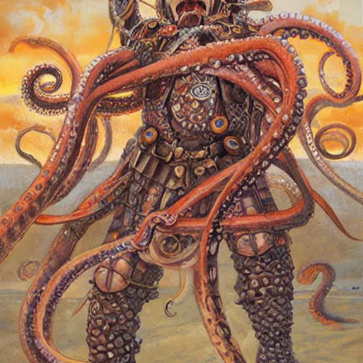 Prompt: portrait of an octopus warrior, by donato giancola.