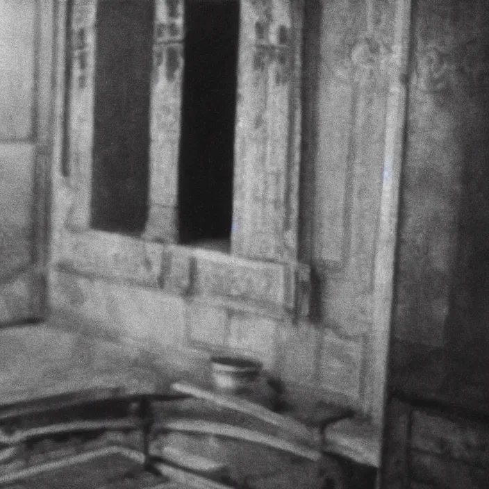 Image similar to an object on display in an ethnographic museum, film still, cinematic, out of focus, enhanced, 1 9 2 0 s, black and white, grain