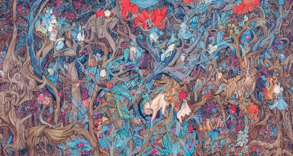 Image similar to Enchanted and magic forest, by James Jean