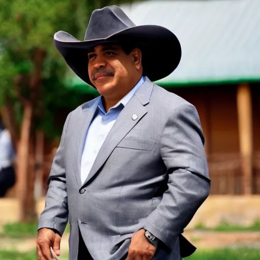 Prompt: Mel Zelaya president of Honduras, wearing a cowboy hat, riding a gray donkey -n 9