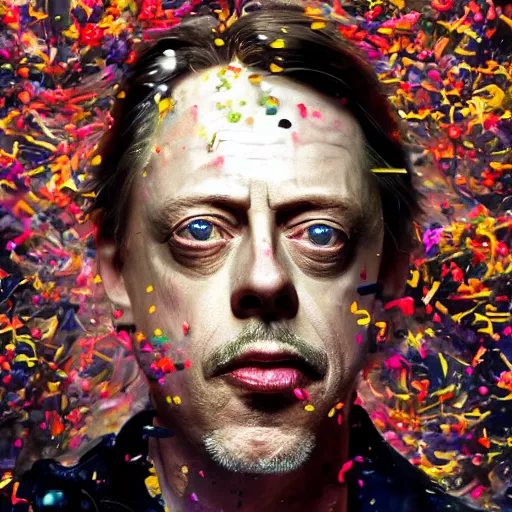 Image similar to hyperrealistic mixed media high resolution painting of a Steve Buscemi exploding into confetti, stunning 3d render inspired art by István Sándorfi and Greg Rutkowski and Unreal Engine, perfect symmetry, dim volumetric lighting, 8k octane beautifully detailed render, post-processing, extremely hyper-detailed, intricate, epic composition, highly detailed attributes, highly detailed atmosphere, cinematic lighting, masterpiece, trending on artstation, very very detailed, masterpiece, stunning, flawless structure, lifelike texture, perfection,