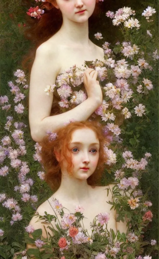 Image similar to a realistic oil painting of a girl resembling lily cole, covered in tons of flowers, highly detailed, intricate, detailed background, fairytale, artstation, by mucha, by william adolphe bouguereau, by waterhouse