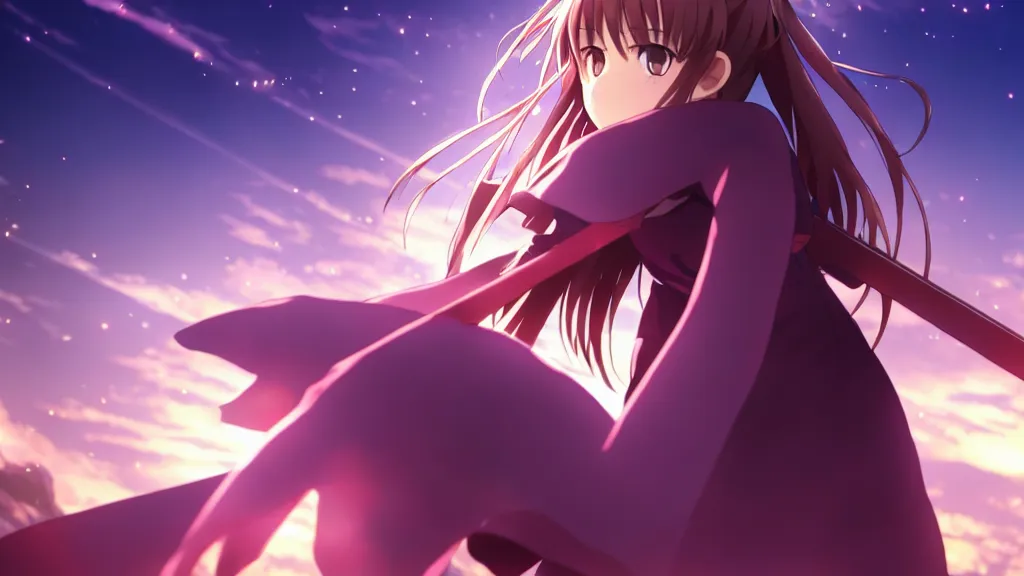 Prompt: emma watson, heavens feel movie, demon slayer, ufotable, kyoani, high quality, artstation, key visual, cinematic, city background, night time, rooftop, fate stay night, unlimited blade works, greg rutkowski, high resolution, dynamic pose, extreme close up, rin outfit, anime, high angle, high budget