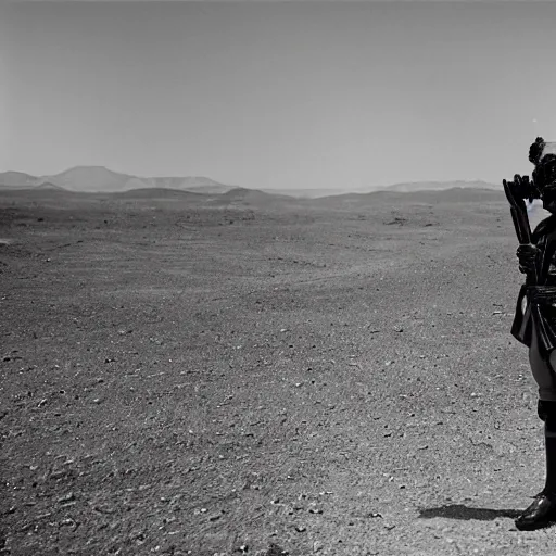 Prompt: the queens guard wearing a gasmask, in the desert, film still, arriflex 3 5