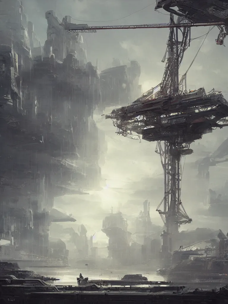 Image similar to a science fiction harbour, gigantic crane, james paick, trending on artstation