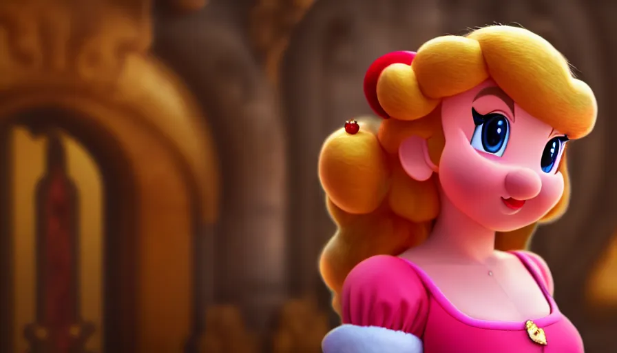 Image similar to princess peach from mario, symmetrical, cinematic, real photography, 4 k, ultra hd