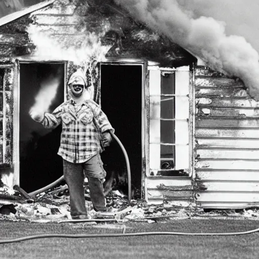 Image similar to bob villa burning down a house while laughing.