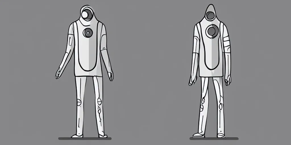 Image similar to male, elongated figure, space suit, minimalist sketch, large shoulders, short torso, long thin legs, tiny feet, character sheet, very stylized, concept design