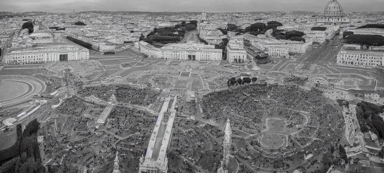 Image similar to Alien Ship landing in the Middle of the Vatican Square, Surprised Priests Watching this moment quietly, Very Restless and Dramatic Atmosphere, Realism, Detailed Journalistic Photography