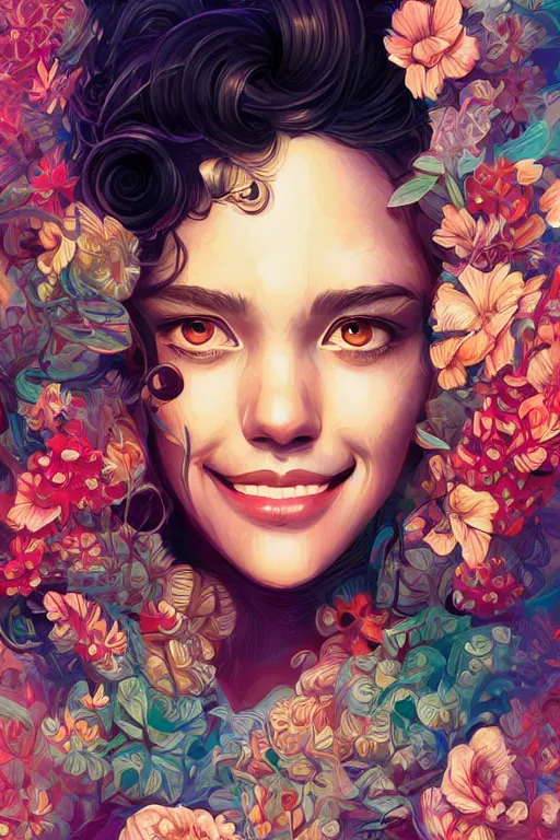 Image similar to a smiling cute woman beautiful skin and wavy hair, tristan eaton, victo ngai, artgerm, rhads, ross draws