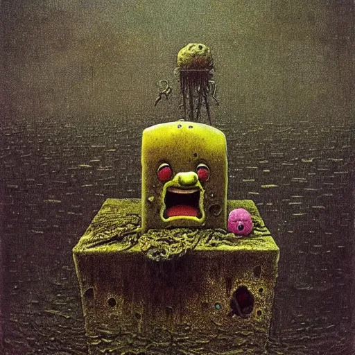 Image similar to dessicated spongebob rotting at the bottom of the sea beksinski