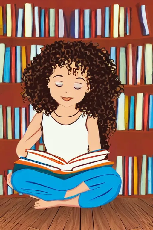 Image similar to a little girl with wavy curly light brown hair sits on a tall pile of books. she is reading. clean pretty cartoon painting, beautiful detailed face.