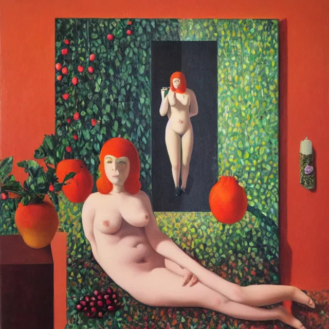 Prompt: a female art student in her apartment, sensual, plants in glasses, pig, butress tree roots, pomegranate, berries dripping, acrylic on canvas, surrealist, by magritte and monet