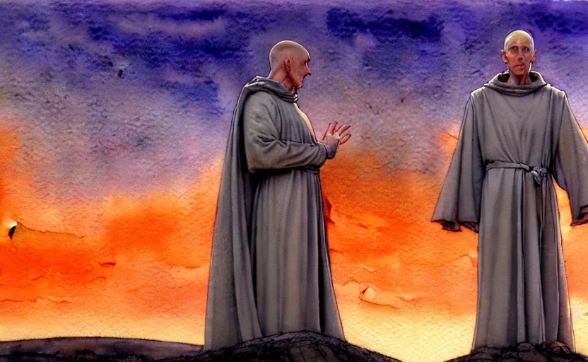 Prompt: a hyperrealist watercolor concept art of a medieval monk in grey robes with an orange sunset sky. a stargate is in the background and an blue sky is seen through the stargate. very muted colors, by rebecca guay, michael kaluta, charles vess. high detail, hq, wide shot, 4 k