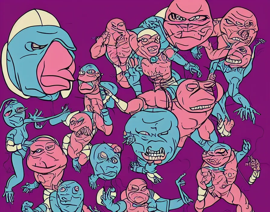 Prompt: krang 1980s pop band, surrealism aesthetic, detailed facial expressions