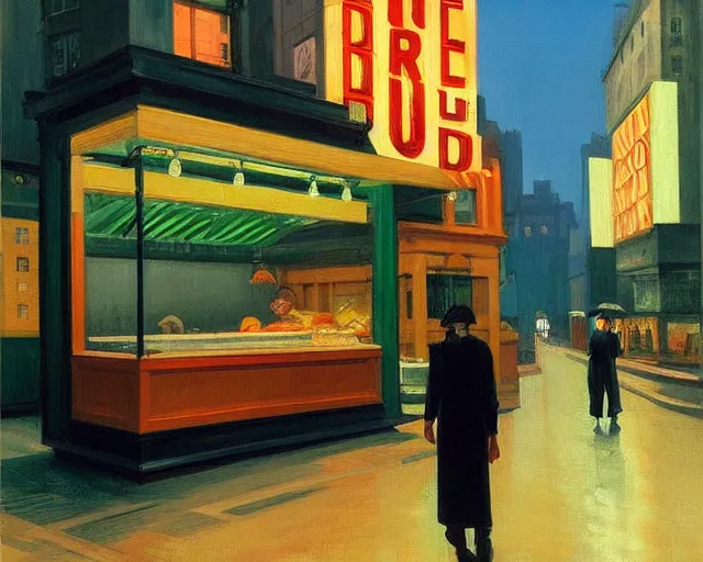 Prompt: street with food stands in a cyberpunk city on a rainy melancholy night by edward hopper