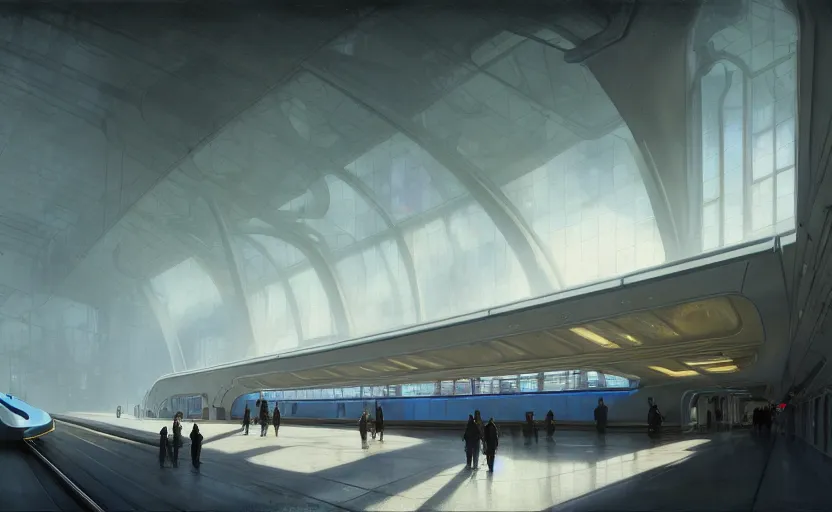 Image similar to painting of a wide angle exterior shot of a white modern futuristic utopian train station with cinematic lighting by peter zumthor and renzo piano, darek zabrocki and greg ruthkowski, alphonse mucha, simon stalenhag and cinematic and blue cold atmospheric, holy place, atmospheric, archillect concept art, artstation, trending on artstation