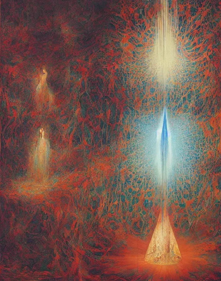 Image similar to worshippers in robes holding a very large crystal tesseract radiating white light, interior of a small room, glowing crystal tesseract!!!!!!!!!!!!!!!!!!, beksinski painting, part by adrian ghenie and gerhard richter. art by takato yamamoto. masterpiece, deep colours