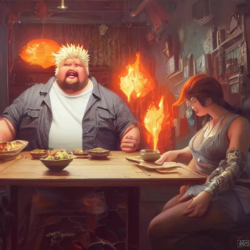 Image similar to Highly detailed portrait of fat Guy Fieri, Stephen Bliss, unreal engine, fantasy art by Greg Rutkowski, Loish, Rhads, ferdinand knab, Makoto Shinkai and Lois van baarle, ilya kuvshinov, rossdraws, Tom Bagshaw, alphonse mucha, global illumination, radiant light, detailed and intricate environment