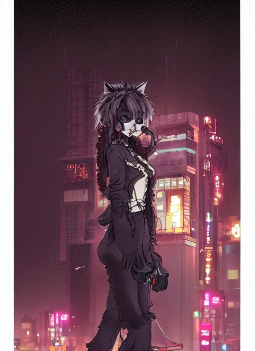 Image similar to character portrait of a female anthro hyena fursona with a cute beautiful attractive furry face and long black curly hair wearing stylish clothes in a cyberpunk city at night while it rains. hidari, color page, tankoban, 4K, tone mapping, Akihiko Yoshida.