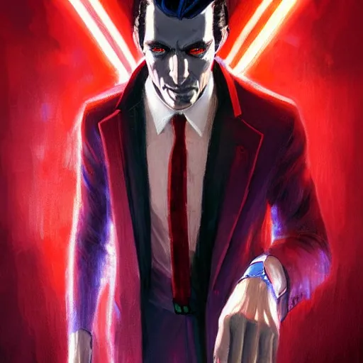 Image similar to portrait of a confident skinny dark haired man with a scar across his left eye wearing a red suit as an evil crime boss, high detail, concept art, neon color, vivid color, floating particles, glowing green eyes, background by john harris + roger dean, artwork by charlie bowater + artgerm + anato finnstark