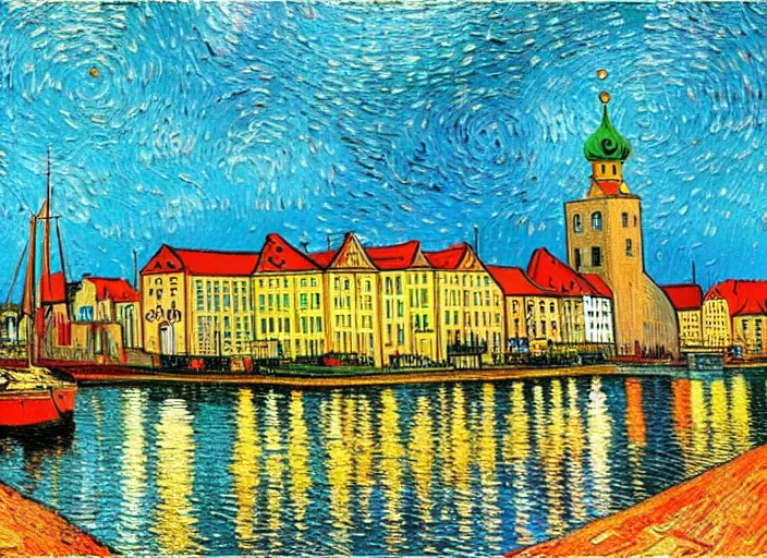 Image similar to a painting of the city of Rostock in the style of Vincent van Gogh