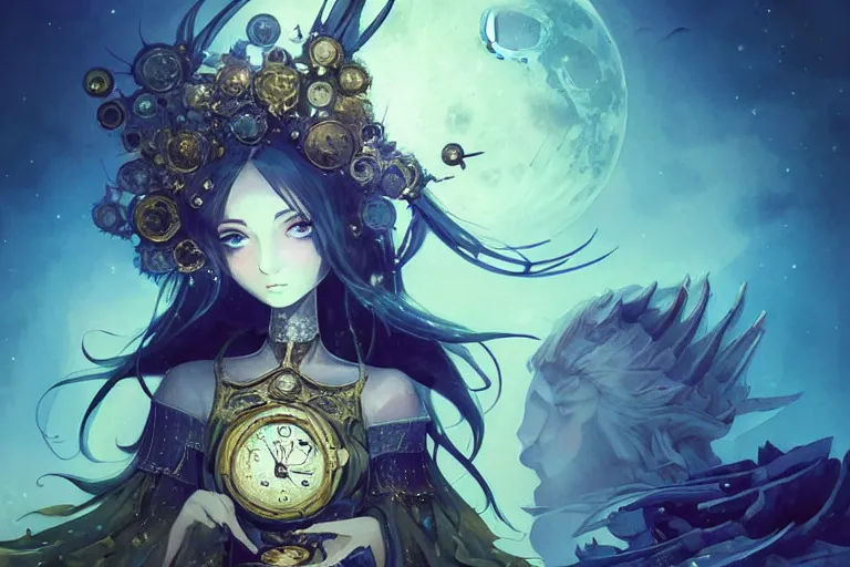 Prompt: close up picture of a extremely beautiful and aesthetic and cute girl with dress made of lunar and clock, mixed mechs of lunarpunk and clockpunk, moon light, sharp focus, highly detailed face, chiaroscuro, epic light novel cover art, fantasy illustration by anato finnstark and lecouffe deharme and peter mohrbacher and quentin