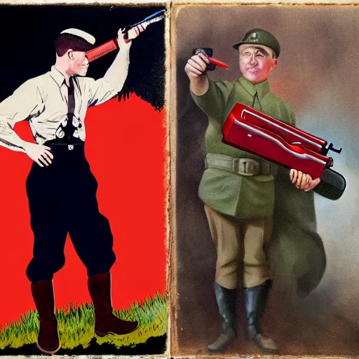 Image similar to back to back picture of a farm boy holding a red gun pointing at adolf hitler who is wearing a woman's dress, realism, 4 k, award winning photograph