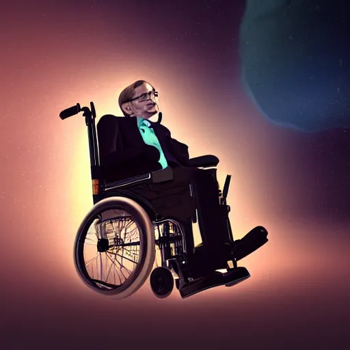 Prompt: Stephen Hawking in his wheelchair floating in almost completely dark outer space, digital art, trending on ArtStation, 3d rendered in octane, blender, epic lighting, highly detailed, smooth, Unreal Engine 5, cinematic, 8k, 4k