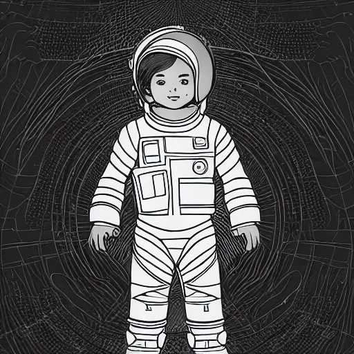 Prompt: clean simple line art of a cute little boy with short straight hair. he is dressed as an astronaut. no background. well composed, clean coloring book page, beautiful detailed face. coloring book line art by artgerm and greg rutkowski and johanna basford and alphonse mucha