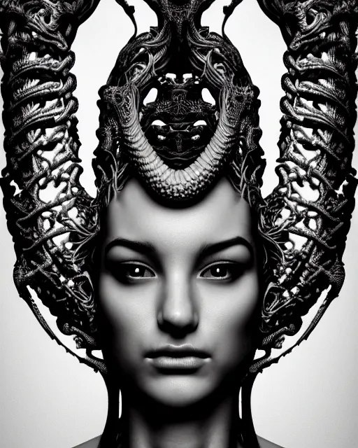 Image similar to a black and white high quality photo of a young beautiful female queen-dragon-cyborg bust with a very long neck and Mandelbrot fractal face, Mandelbrot fractal skin, flesh, anatomical, facial muscles, veins, arteries, elegant, highly detailed, flesh highly baroque ornate, hair are wired cables, elegant, high fashion, rim light, octane render, in the style of H.R. Giger, Louis Daguerre and Man Ray, Realistic, Refined, Digital Art, Highly Detailed, Cinematic Lighting, rim light, black and white, photo-realistic, 8K