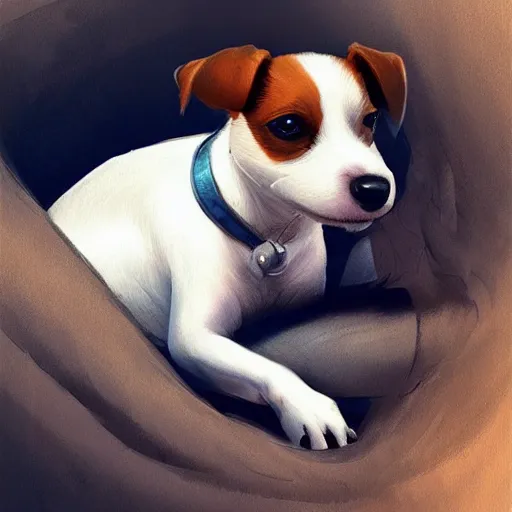Prompt: adorable jack russel terrier laying in dog bed, in the livingroom, fantasy art, artstation character design contest winner, trending on cgsociety, concept art, speedpaint, beautiful digital art, jesper ejsing, james jean, justin gerard, fenghua zhong, makoto shinkai, highly detailed