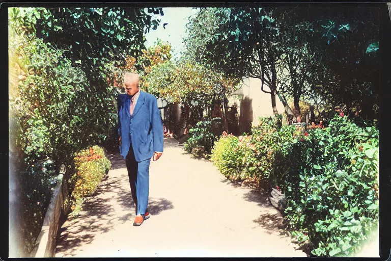 Image similar to a polaroid photo south of france 2001 by Elbridge Ayer Burbank flickr a handsome tall man walking down a sidewalk next to a garden photo taken with fujifilm superia garden gardens horticultural photo taken with ektachrome photo taken with provia